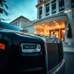 Close-up shot of a Rolls-Royce Phantom in a dramatic low-angle pose during a photoshoot outside a luxurious five-star hotel