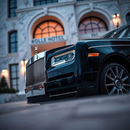 Close-up shot of a Rolls-Royce Phantom in a dramatic low-angle pose during a photoshoot outside a luxurious five-star hotel