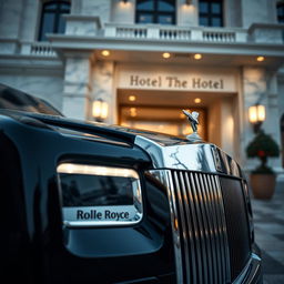 Close-up shot of a Rolls-Royce Phantom in a dramatic low-angle pose during a photoshoot outside a luxurious five-star hotel
