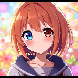 A young female character with short, straight orange hair, featuring one blue eye and one red eye, depicted in an anime style