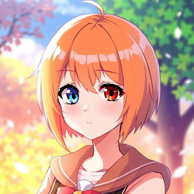 A young female character with short, straight orange hair, featuring one blue eye and one red eye, depicted in an anime style