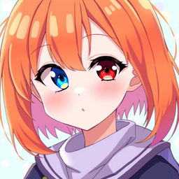 A young female character with short, straight orange hair, featuring one blue eye and one red eye, depicted in an anime style