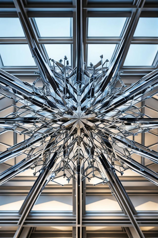 A high-quality digital art image of a glass sculpture in the shape of a snowflake, displayed in an art museum