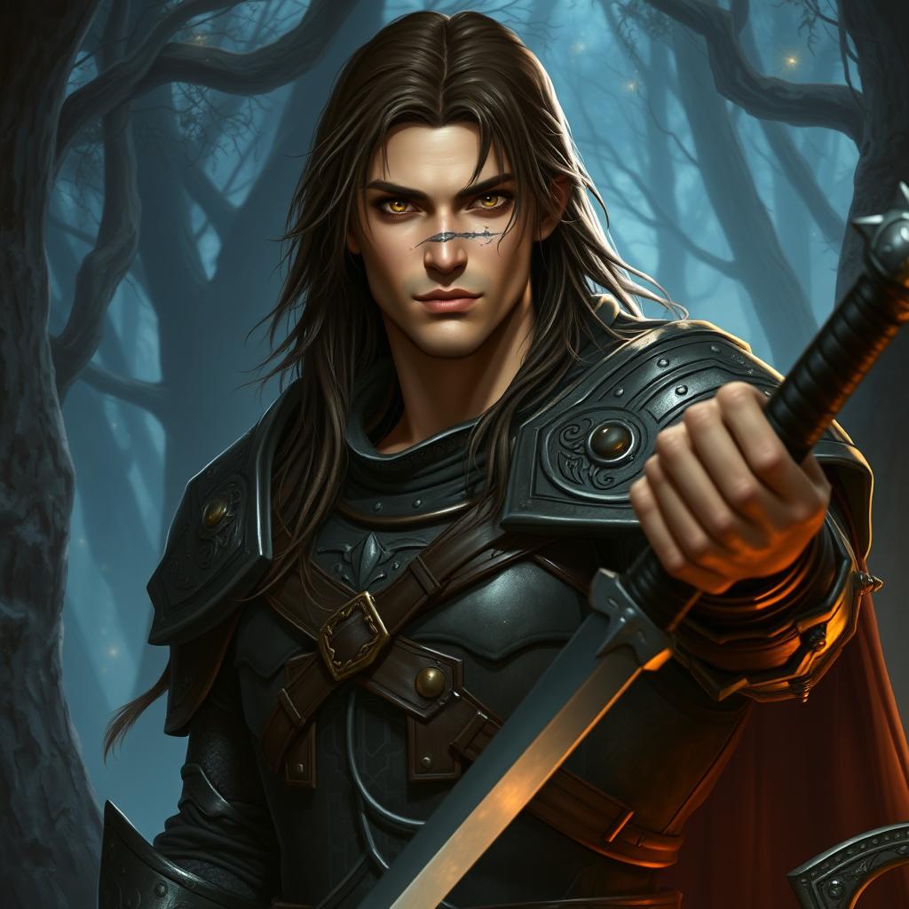 A male human warrior with long dark brown hair and brown eyes, sporting a distinct scar on his nose