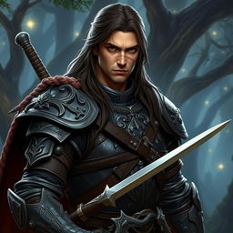 A male human warrior with long dark brown hair and brown eyes, sporting a distinct scar on his nose