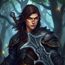 A male human warrior with long dark brown hair and brown eyes, sporting a distinct scar on his nose