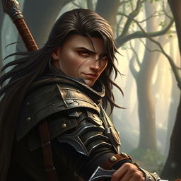 A male human warrior with long dark brown hair and brown eyes, sporting a distinct scar on his nose