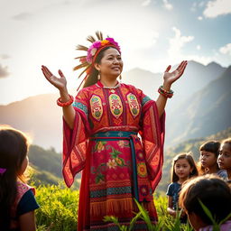 An adult Inca woman, dressed in traditional colorful attire, standing in a lush green Andean landscape, surrounded by a group of curious young adults