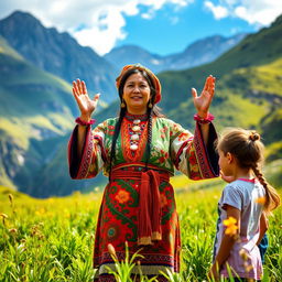 An adult Inca woman, dressed in traditional colorful attire, standing in a lush green Andean landscape, surrounded by a group of curious young adults