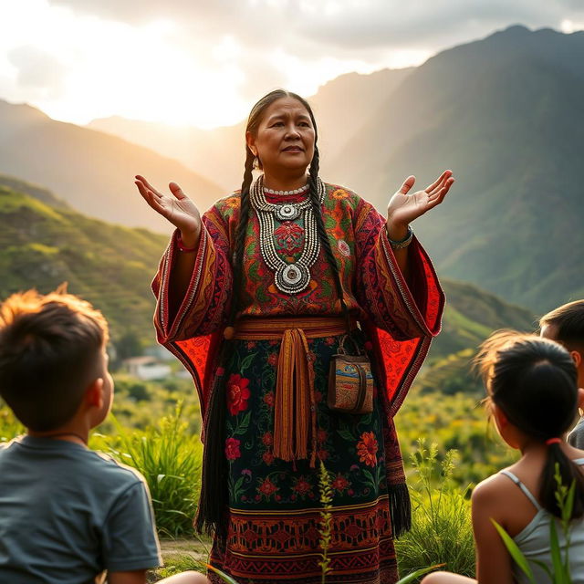 An adult Inca woman, dressed in traditional colorful attire, standing in a lush green Andean landscape, surrounded by a group of curious young adults