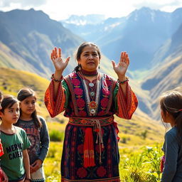 An adult Inca woman, dressed in traditional colorful attire, standing in a lush green Andean landscape, surrounded by a group of curious young adults