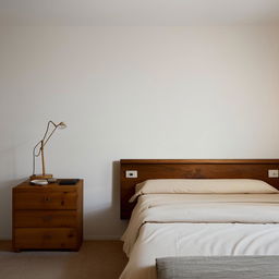 A small, cozy bedroom with minimalist design, containing a queen-sized bed with soft linens, a wooden chest of drawers and a bedside table with a reading lamp.