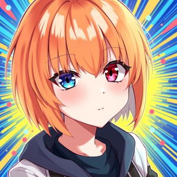 A female character with short, straight orange hair, featuring one blue eye and one red eye, depicted in an anime style