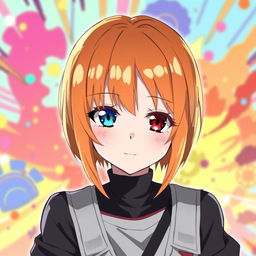 A female character with short, straight orange hair, featuring one blue eye and one red eye, depicted in an anime style