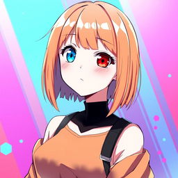A female character with short, straight orange hair, featuring one blue eye and one red eye, depicted in an anime style