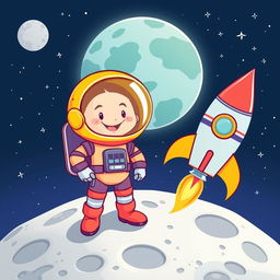 A vibrant cartoon-style illustration of a cheerful spaceman standing on the moon, sporting a colorful space suit with an oversized helmet, next to a whimsical rocket ship