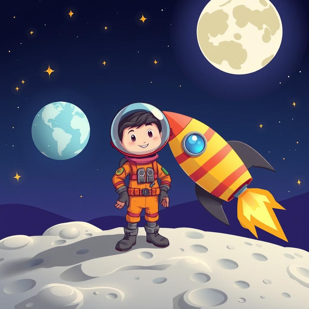 A vibrant cartoon-style illustration of a cheerful spaceman standing on the moon, sporting a colorful space suit with an oversized helmet, next to a whimsical rocket ship