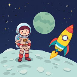 A vibrant cartoon-style illustration of a cheerful spaceman standing on the moon, sporting a colorful space suit with an oversized helmet, next to a whimsical rocket ship