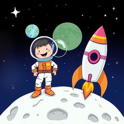 A vibrant cartoon-style illustration of a cheerful spaceman standing on the moon, sporting a colorful space suit with an oversized helmet, next to a whimsical rocket ship