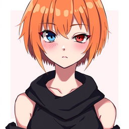 A female character with short, straight orange hair, featuring one blue eye and one red eye, depicted in an anime style