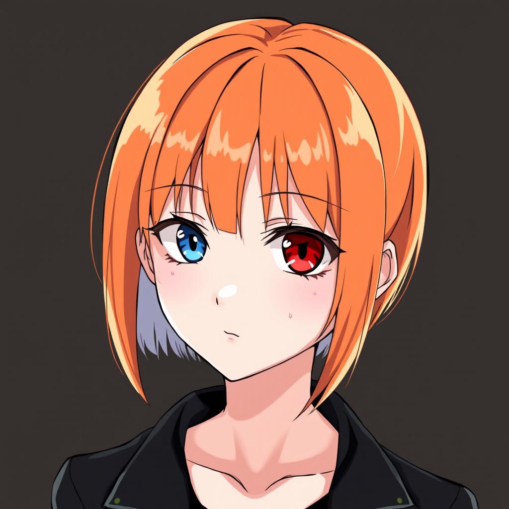 A female character with short, straight orange hair, featuring one blue eye and one red eye, depicted in an anime style