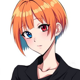 A female character with short, straight orange hair, featuring one blue eye and one red eye, depicted in an anime style