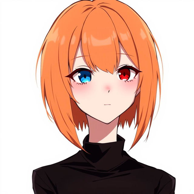 A female character with short, straight orange hair, featuring one blue eye and one red eye, depicted in an anime style