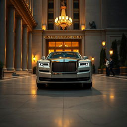 Wide-angle shot of a luxurious, sweeping driveway leading up to a grand five-star hotel with marble columns and golden accents on the building’s facade