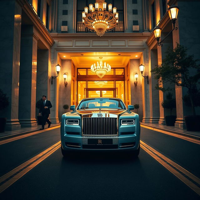 Wide-angle shot of a luxurious, sweeping driveway leading up to a grand five-star hotel with marble columns and golden accents on the building’s facade