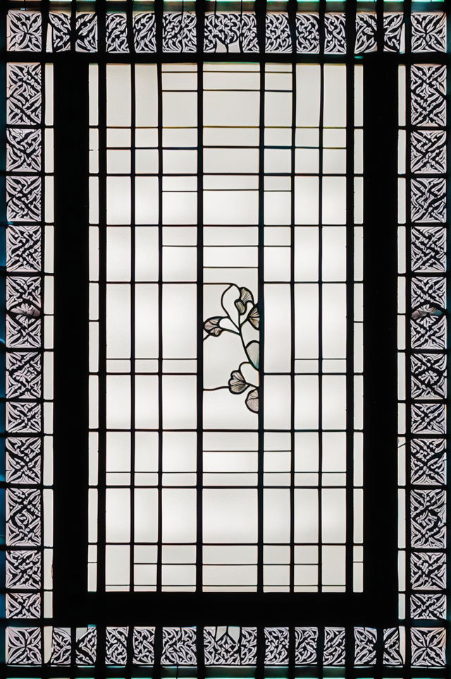 A high-resolution architectural photograph of a large, rectangular stained glass window featuring a Japanese design