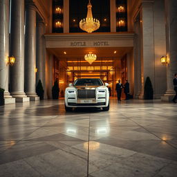 Wide-angle shot of a luxurious, sweeping driveway leading up to a grand five-star hotel with marble columns and golden accents on the building’s facade