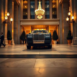 Wide-angle shot of a luxurious, sweeping driveway leading up to a grand five-star hotel with marble columns and golden accents on the building’s facade