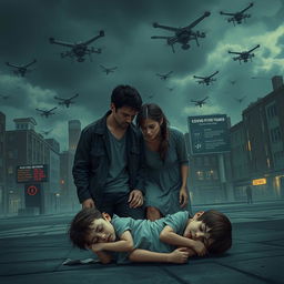 A dramatic scene depicting a dystopian society in a near-future England post-COVID-19 outbreak
