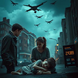A dramatic scene depicting a dystopian society in a near-future England post-COVID-19 outbreak
