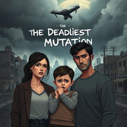 A dystopian scene depicting a couple with worried expressions, standing together with their 6-year-old child in the foreground