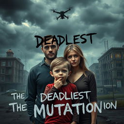 A dystopian scene depicting a couple with worried expressions, standing together with their 6-year-old child in the foreground