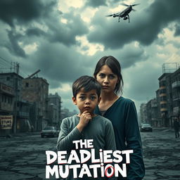 A dystopian scene depicting a couple with worried expressions, standing together with their 6-year-old child in the foreground