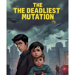 A dystopian scene depicting a couple and their 6-year-old child, looking worried amidst a cityscape affected by a virus outbreak
