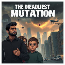 A dystopian scene depicting a couple and their 6-year-old child, looking worried amidst a cityscape affected by a virus outbreak