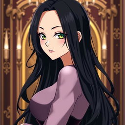 A female character with long, wavy black hair, featuring one green eye and one yellow eye, depicted in anime style