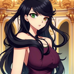 A female character with long, wavy black hair, featuring one green eye and one yellow eye, depicted in anime style