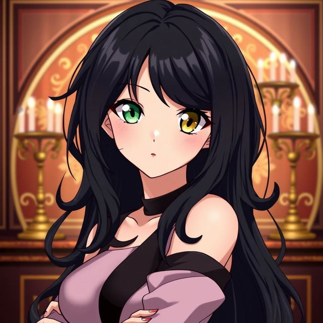 A female character with long, wavy black hair, featuring one green eye and one yellow eye, depicted in anime style