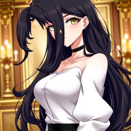 A female character with long, wavy black hair, featuring one green eye and one yellow eye, depicted in anime style