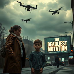 A dramatic scene depicting a dystopian future in England following the mutation of COVID-19, showcasing a couple in a tense emotional moment, standing with concern over their 6-year-old child who appears sick, with visible signs of illness