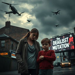 A dramatic scene depicting a dystopian future in England following the mutation of COVID-19, showcasing a couple in a tense emotional moment, standing with concern over their 6-year-old child who appears sick, with visible signs of illness