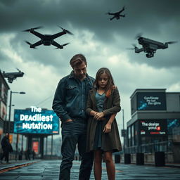 A dramatic scene depicting a dystopian future in England following the mutation of COVID-19, showcasing a couple in a tense emotional moment, standing with concern over their 6-year-old child who appears sick, with visible signs of illness
