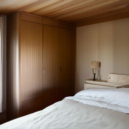 A small, cozy bedroom with minimalist design, containing a queen-sized bed with soft linens, a wooden chest of drawers and a bedside table with a reading lamp.