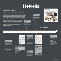An infographic or mini-timeline showcasing the evolution of Helvetica, created on an A3 size artboard using Adobe Illustrator