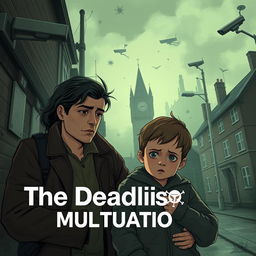 A dramatic, realistic scene depicting a dystopian England post-COVID-19, where a deadly mutation of the virus is in the air