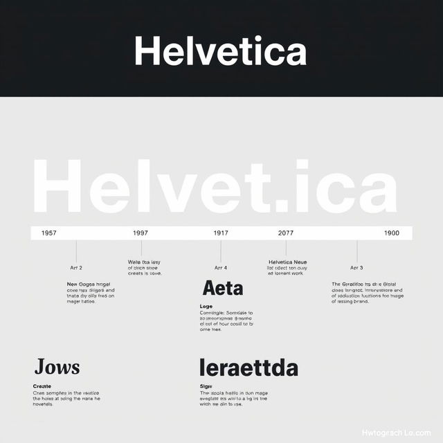 A clean and minimalistic infographic design representing the evolution of the Helvetica typeface on an A3 size artboard